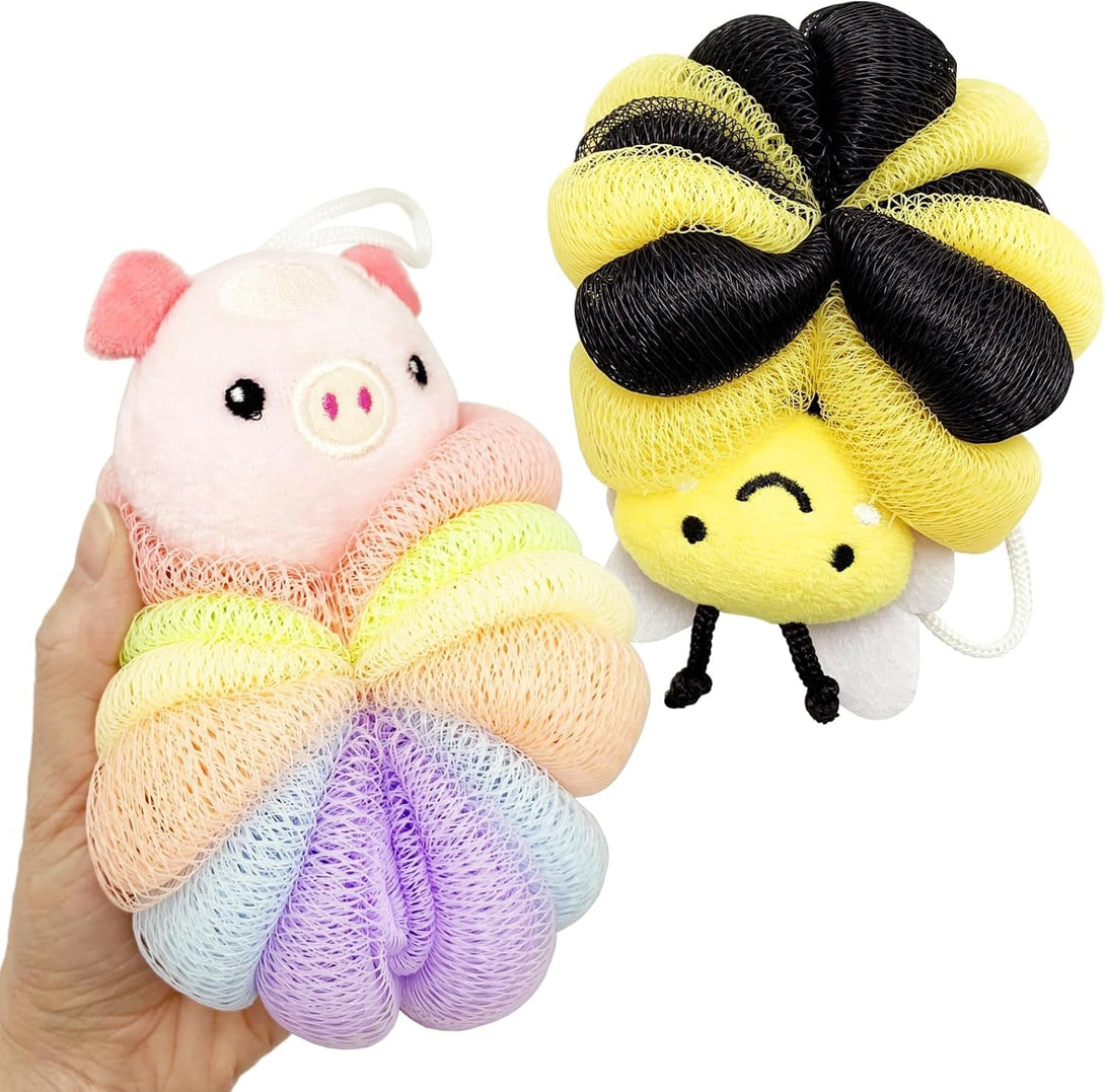 BETITETO Bath Sponges 2Pieces Kids Cute Cartoon Animal Bath Loofahs Pouf Mesh Balls Body Scrubber Bathing Accessories Gifts for Children Women (Bee + Pig)