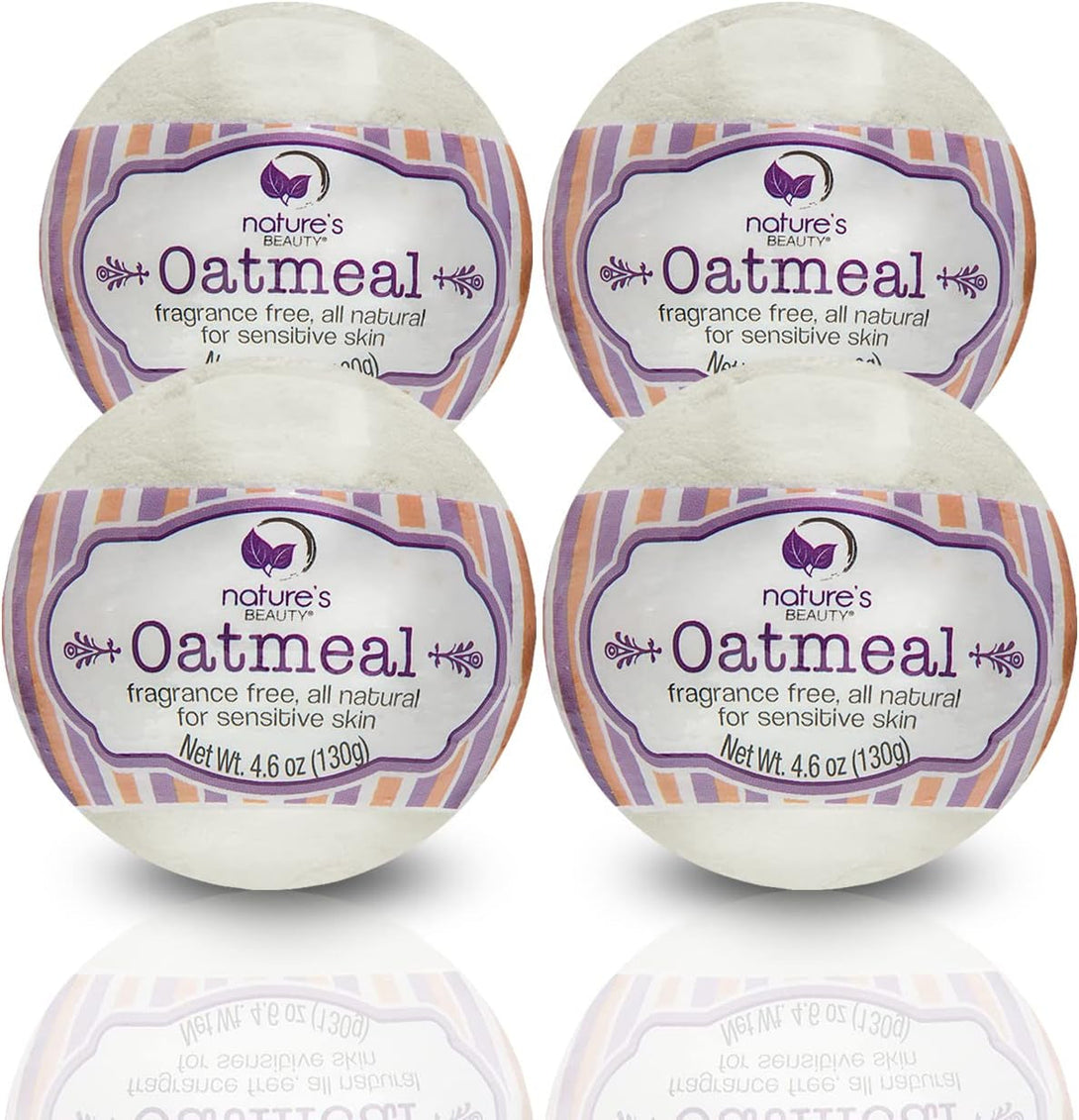 Nature'S Beauty Oatmeal Fragrance-Free Bath Bomb Multi-Pack - Natural Hand Crafted, Non-Staining, Luxury Fizzy Spa Bomb, Sooth Dry + Itchy Skin Made W/Almond + Coconut Oil, 4.6 Oz (4 Pack)