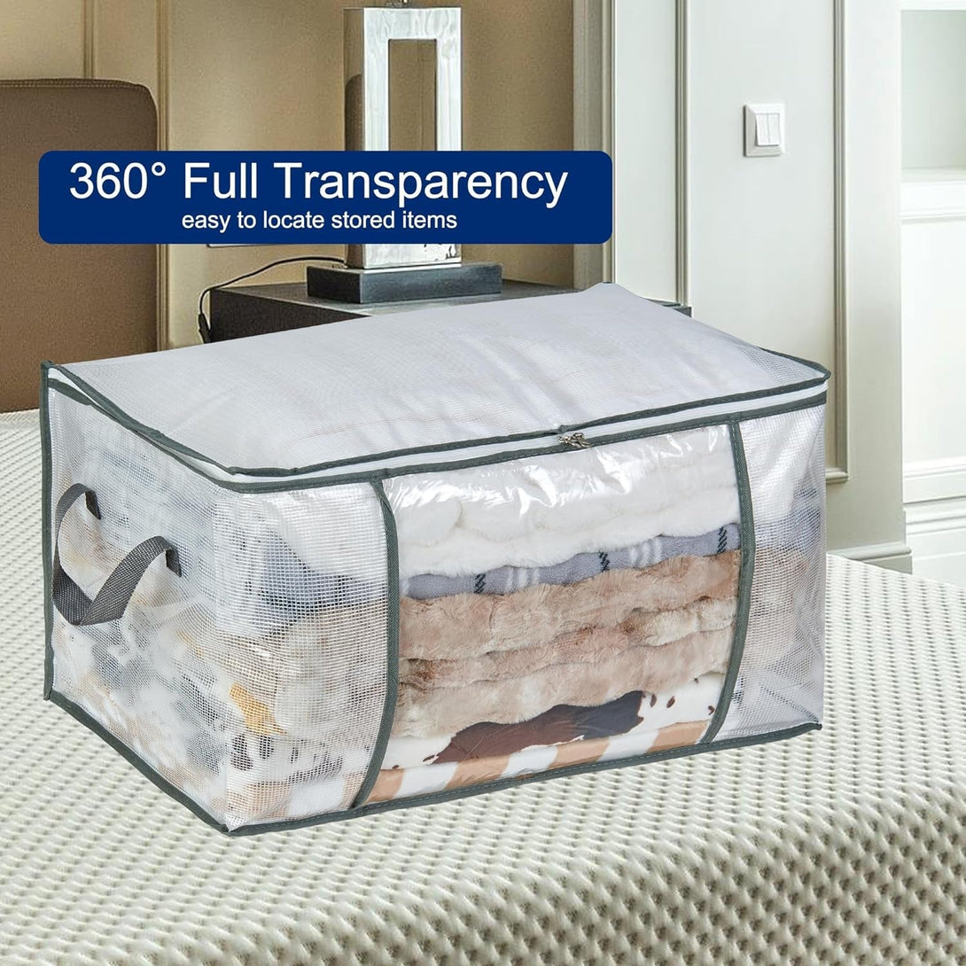 80L Clear Large Storage Bag, Clothes Storage Containers for Organizing Closet, Bedroom, Underbed, Comforters, Clothing, Blankets, Pillow, Foldable Organizer with Sturdy Handle and Zippers (4)
