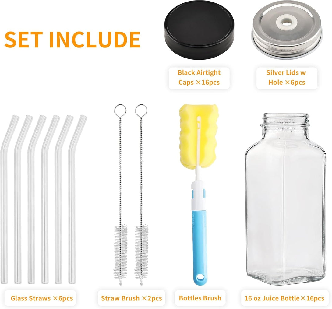 16 Pack 16 OZ Glass Juice Bottles with Airtight Lids & 4 Straws & 6 Lids W Hole, Reusbale Clear Glass Homemade Drinking Jars, Glass Bottles for Juicing, Smoothies, Water, Milk, Kombucha