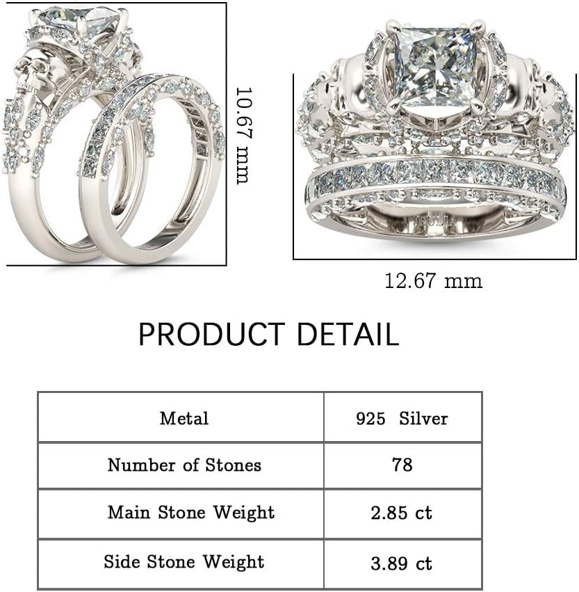 Jeulia Skull Engagement Ring Sets Sterling Silver Promise Eternity Band Rings Diamond Princess Cut with Cubic Zirconia Wedding Engagement Anniversary Promise Rings Bridal Sets