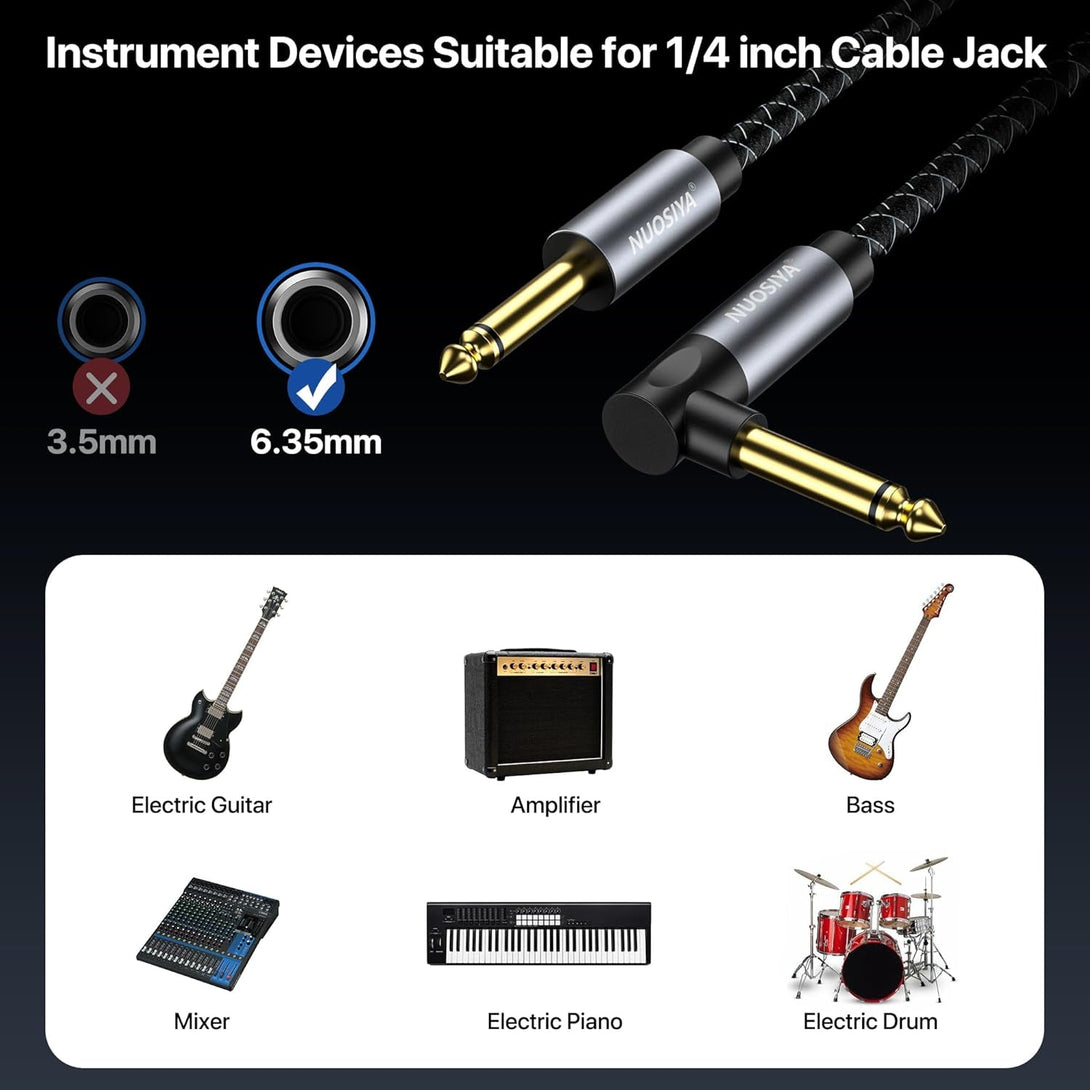 1/4 Inch TS Guitar Instrument Cable 10Ft Right Angle to Straight 6.35Mm Guitar Bass AMP Cord Braided,For Electric Guitar, Bass AMP, Keyboard, Mixer with 2 Covers (Braided Black White, 10FT)