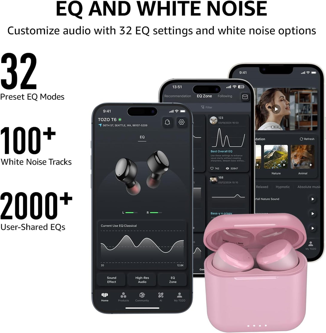 TOZO T6 Wireless Earbuds Bluetooth 5.3 Headphones, Ergonomic Design in Ear Headset, 50Hrs Playtime with Wireless Charging Case, APP EQ Customisable, IPX8 Waterproof