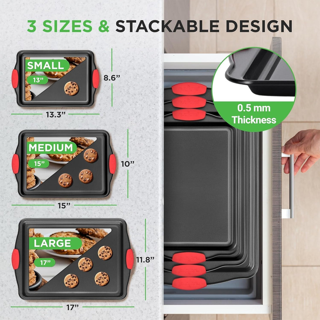 Nutrichef 3-Piece Nonstick Kitchen Oven Baking Pans - Premium & Stylish Non-Stick Steel, Commercial Grade Restaurant Quality Metal Bakeware with Red Silicone Handles - Easy to Clean, NCSBS3S