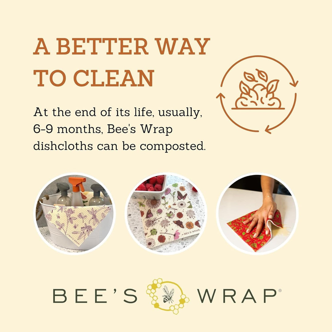 Bee'S Wrap Swedish Dish Cloths - Pack of 3 Colorful Patterned Reusable Paper Towels - Spring Swedish Dishcloths for Kitchen - Organic & Washable Paper Towel Alternative