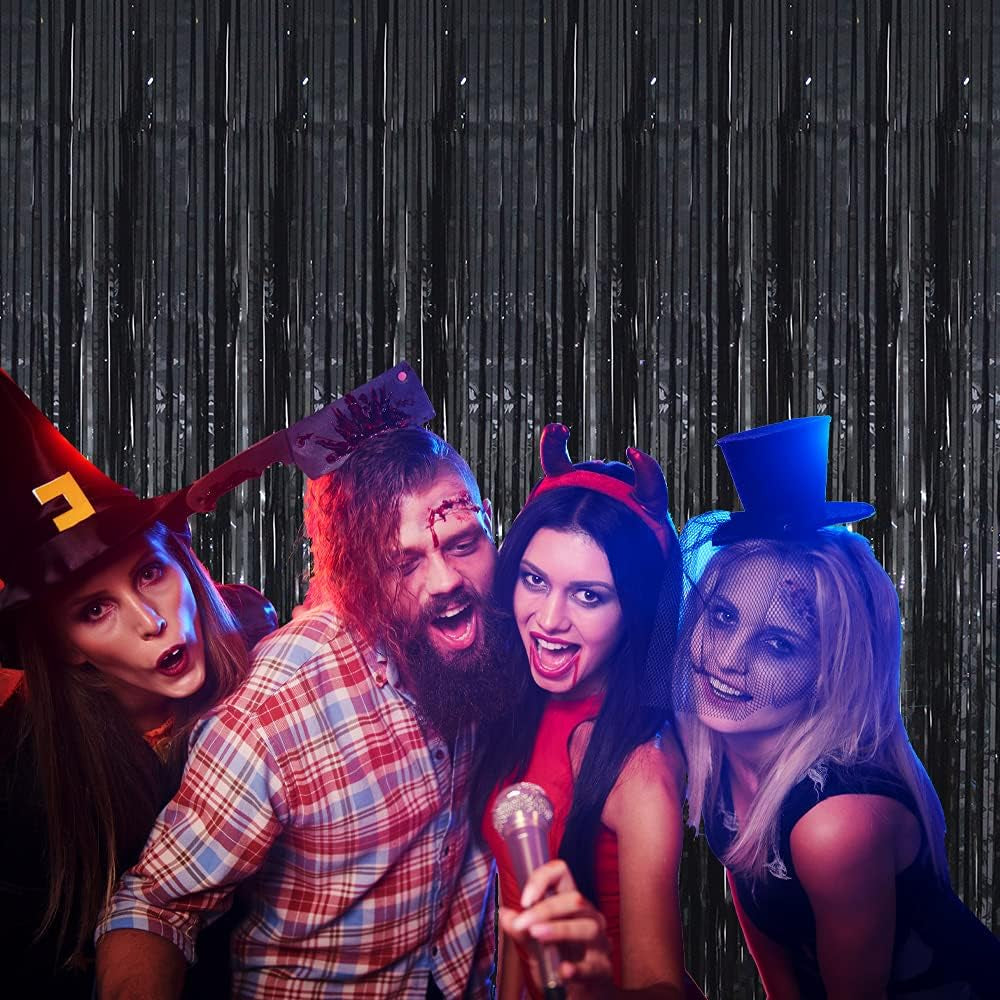 GOER 3.2 Ft X 9.8 Ft Black Photo Backdrop Party Streamers for Halloween,Birthday Party,1 Pack Black Metallic Tinsel Foil Fringe Curtains Party Decorations Wedding Decor