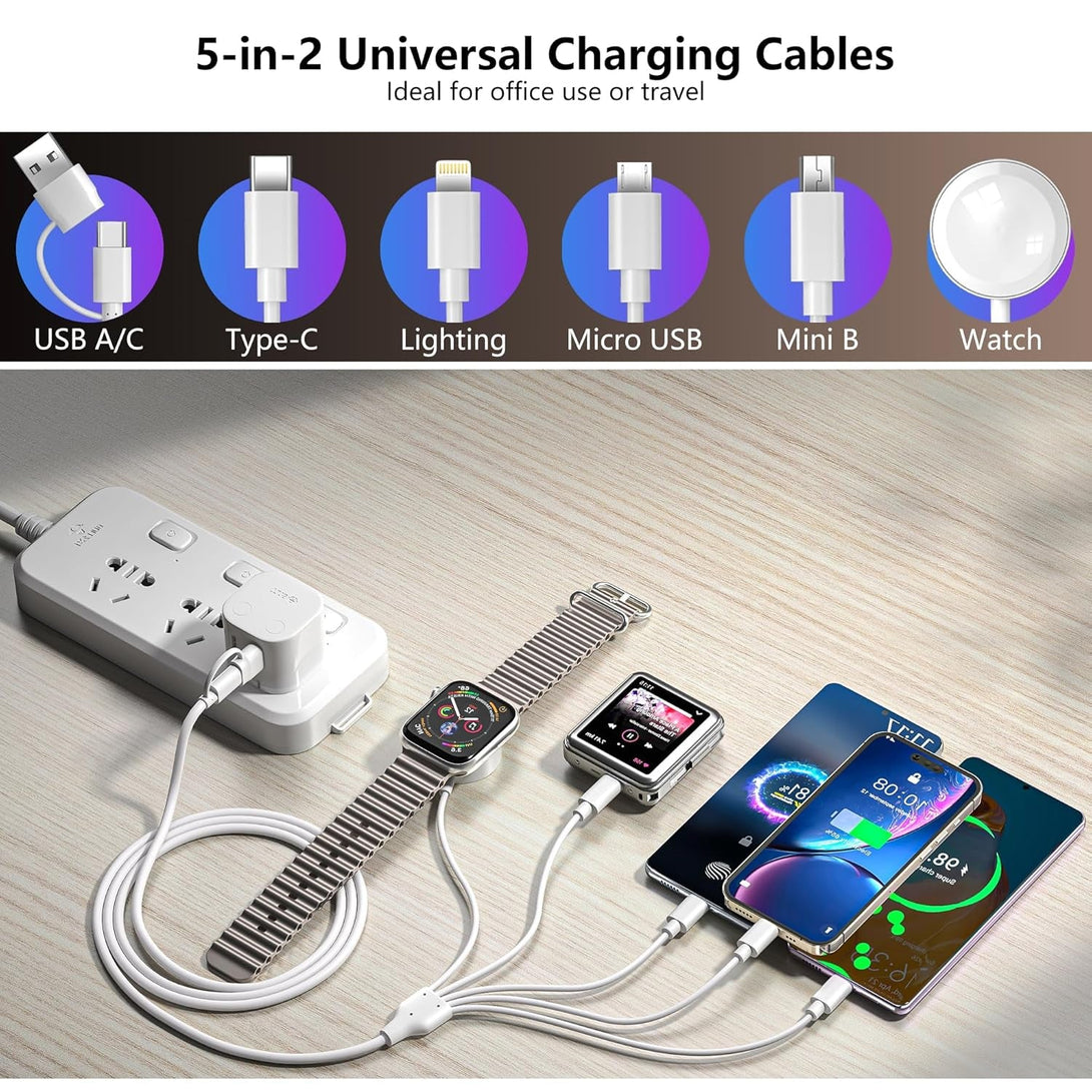 5-In-2 Multi Charging Cable for Apple Watch Charger: USB A/C Input, Lightning/Type C/Micro/Mini B/Wireless Output, Compatible with Iphone 15-13, Iwatch 1-9, Galaxy S23-22, 4FT (White)