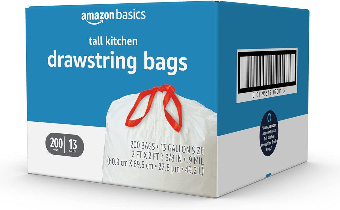 Amazon Basics Trash Bags, Tall Kitchen Drawstring, Unscented, 13 Gallon, 200 Count, Pack of 1