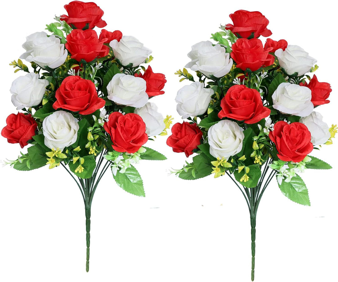 2 Sets Artificial Cemetery Flowers,Memorial Flowers,Beautiful Arrangements for Headstones,Black Plastic Vase with Drainage Hole Long Spikes Outdoor Memorials (Red and White)…