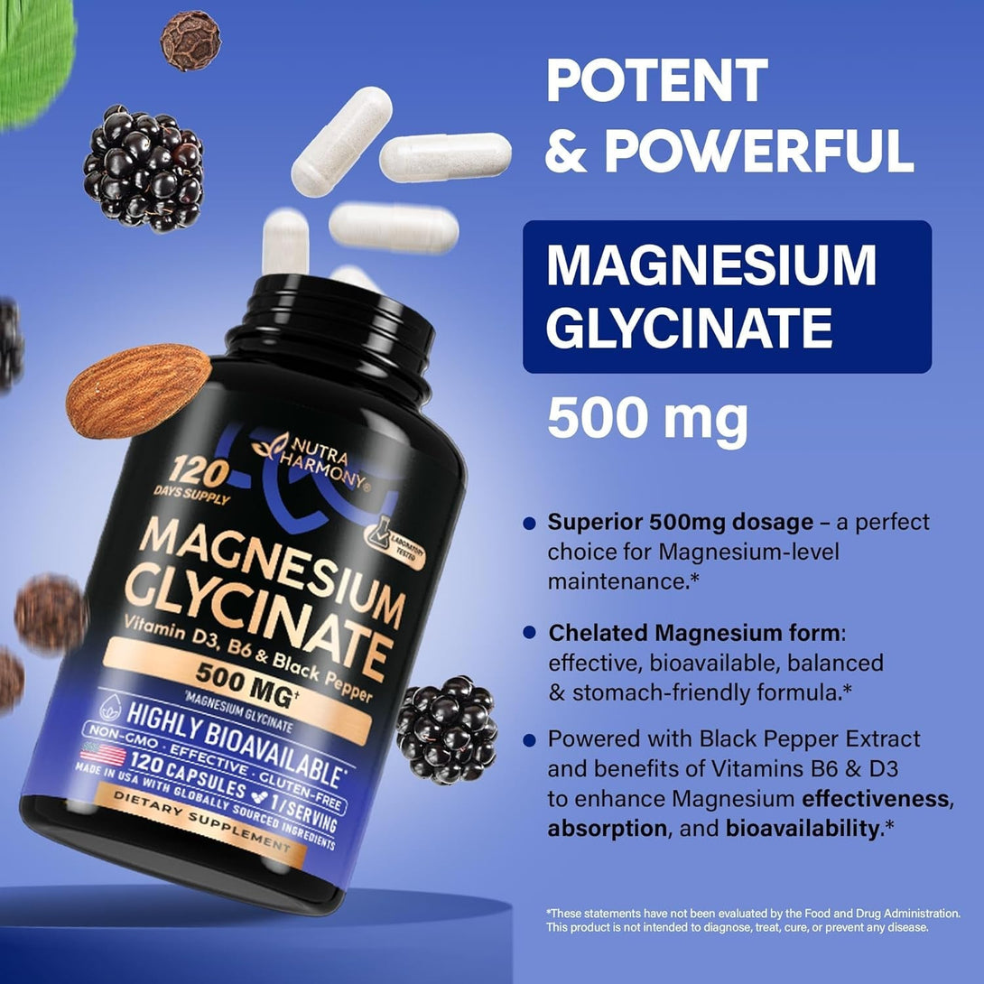 Magnesium Glycinate 500 Mg - Chelated Supplement - 98% High Absorption - Support for Sleep, Muscle & Heart Health - Made in USA, Lab Tested & Non-Gmo - 120 Capsules