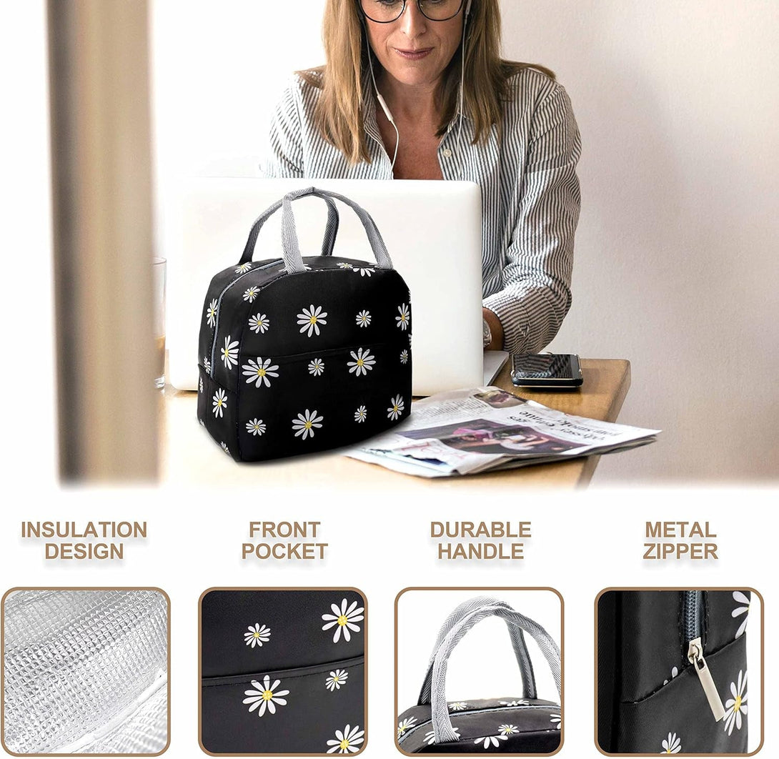Sonuimy Insulated Lunch Bag Women, Reusable Cute Tote Lunch Box for Adult & Men, Leakproof Cooler Lunch Bags for Work Office Travel Picnic (Black with White Daisy)