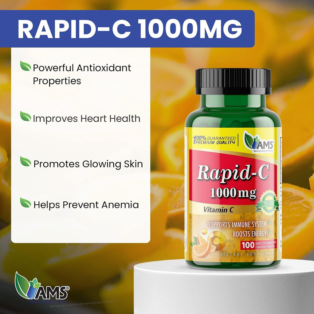 America Medic & Science Rapid-C 1000Mg Vitamin C Supplement (2 Pack of 100 Tablets) Energy Booster, Daily Immune System Support, Antioxidant | Vegan, Non-Gmo Coated Ascorbic Acid for Adult Men & Women