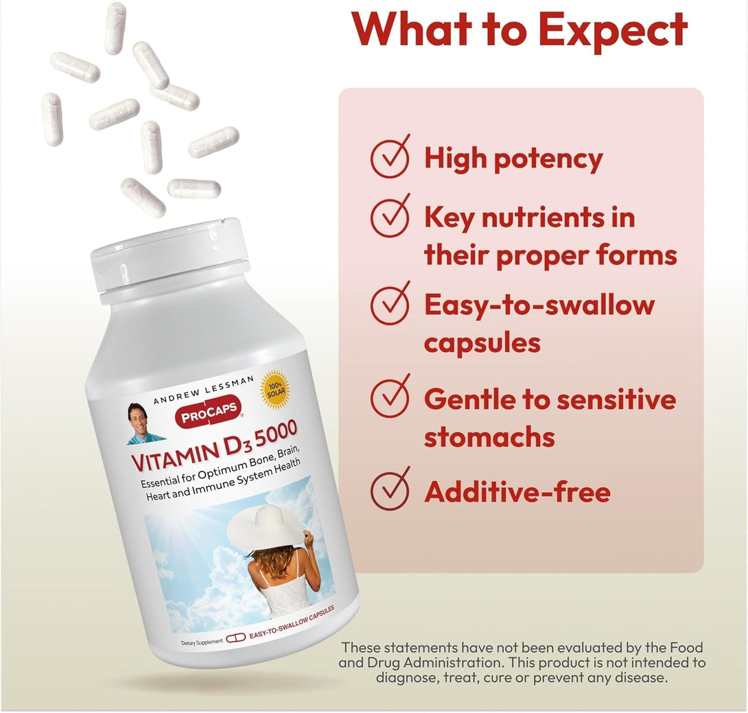 ANDREW LESSMAN Vitamin D3 5000 IU 180 Capsules - High Potency, Essential for Calcium Absorption, Supports Bone Health, Healthy Muscle Function, Immune System, More. Small Easy to Swallow Capsules