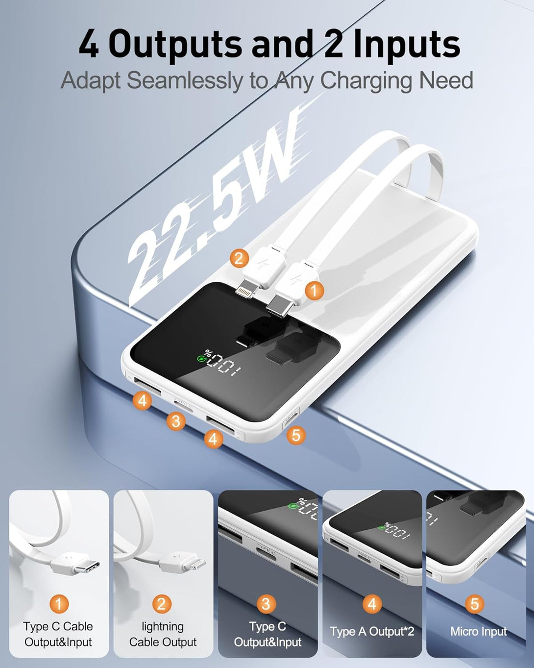 12800Mah Portable Charger with Built in Cables, 22.5W 3A High Speed Charging Travel Essentials, LED Display Slim Powerbank, 4 Outputs 2 Inputs Built-In USB C&Lightning Cables for Iphone Ipad Android
