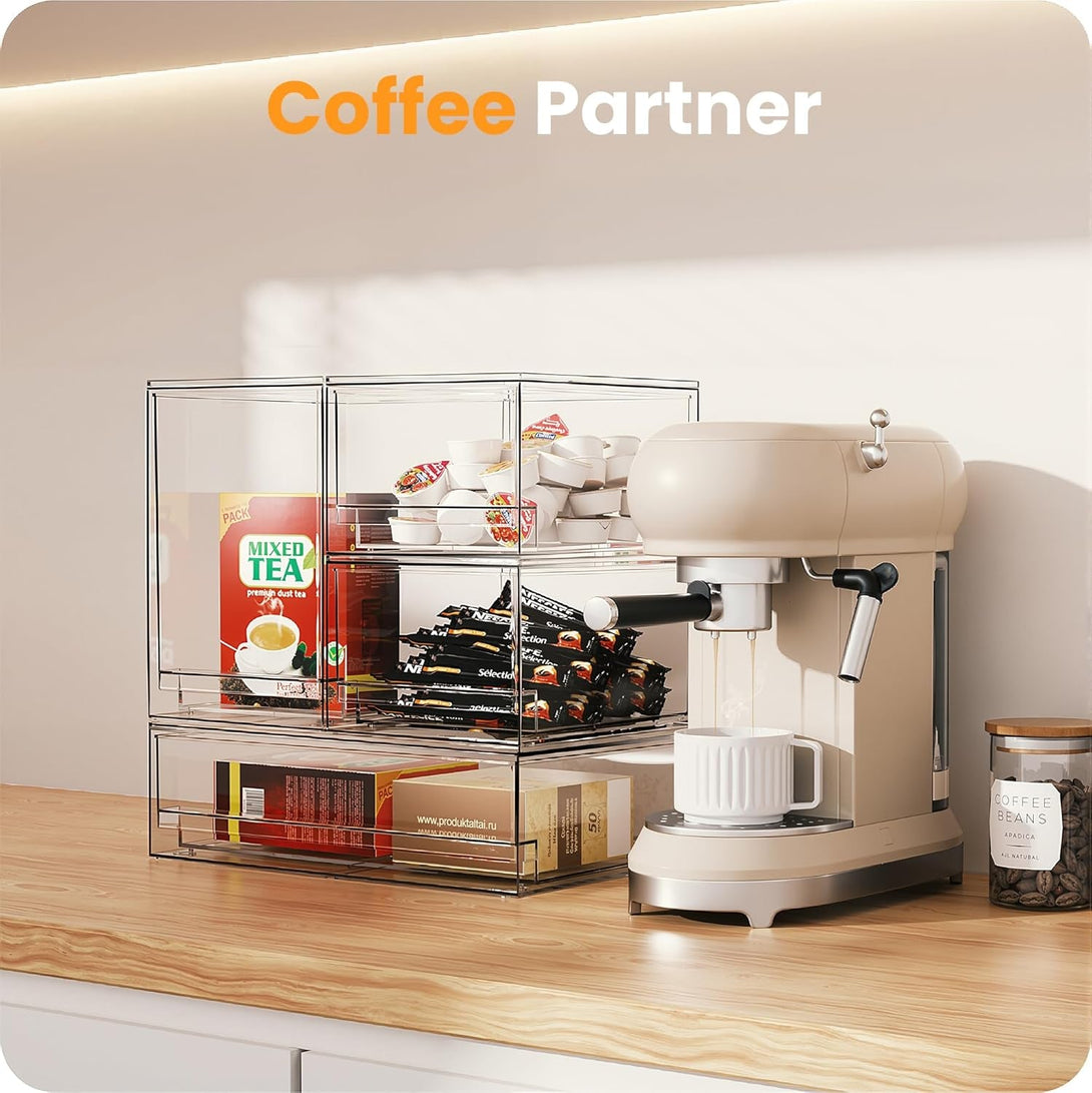 A-Lugei 【𝟰𝗣𝗖𝗦】 Acrylic Stackable Drawers, 7.5" L Makeup Organizer, Bathroom Organizer and Storage, Plastic Storage Bins for Kitchen Cabinet Pantry Medicine Fridge