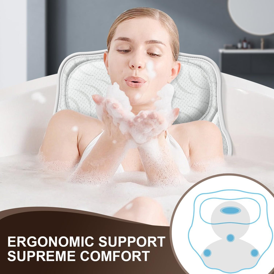 Bath Pillow Luxury Bathtub Pillow - Bath Pillows for Tub Neck and Back Support, Ergonomic Tub Pillow for Bath with 6 Powerful Suction Cups, Fits All Bathtub Portable Bath Accessories - White