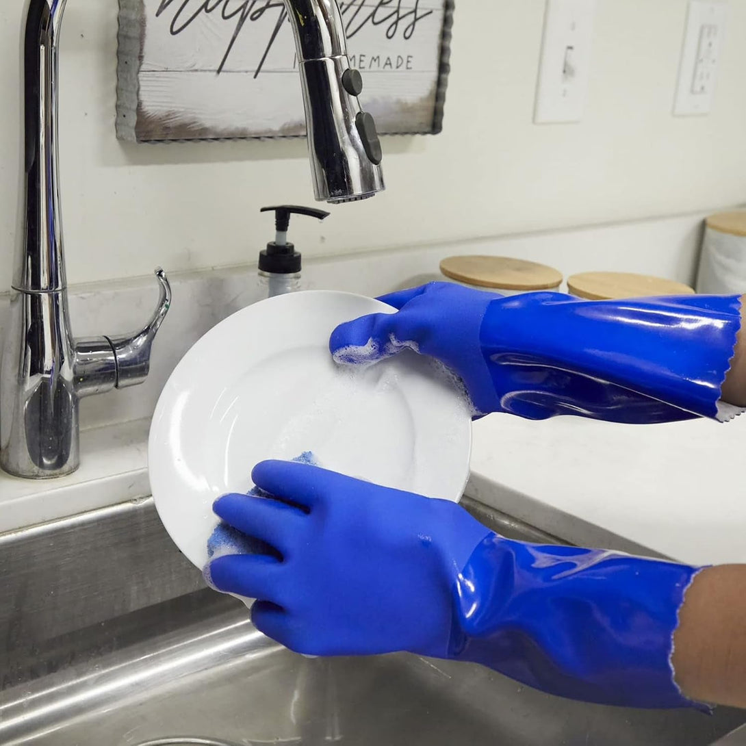 2 Pairs Rubber Household Cleaning Gloves for Kitchen Dishwashing, Cotton Lined (Blue)