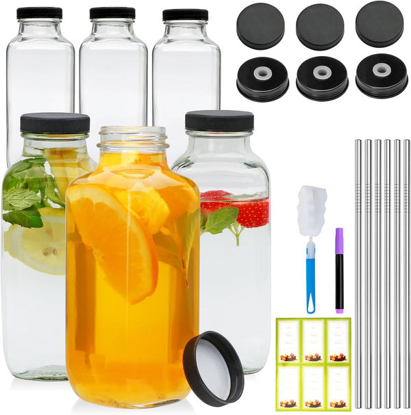 16Oz Glass Bottles with Lids,Juice Bottles Gifts for Women,Glass Bottles with Lids,Glass Water Bottles. Kit Includes Stainless Steels Straws,Two Types of Lids,Stickers,Pen,Cleaning Brush 6Pcs