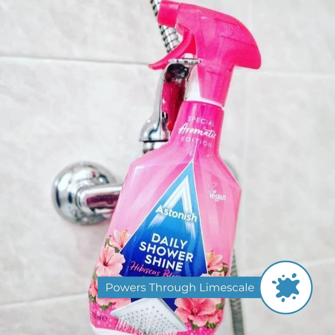 Astonish Daily Bathroom Shower Shine Cleaning Spray - Hibiscus Blossom Limescale Remover Shower Spray Prevents Watermarks from Hard Water - Health & Household Multi Purpose Cleaner 750Ml Spray Bottle