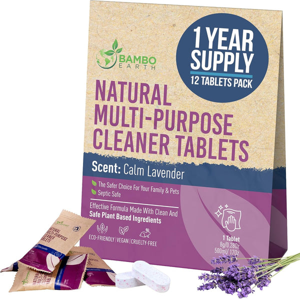 12 Pack Natural Multi-Purpose Cleaner - All Surface Multipurpose Cleaning Tablets Refill - Eco-Friendly Product & Cleaning Supplies - 1 Tablet = 17Oz Spray (204Oz Total) - Calm Lavender
