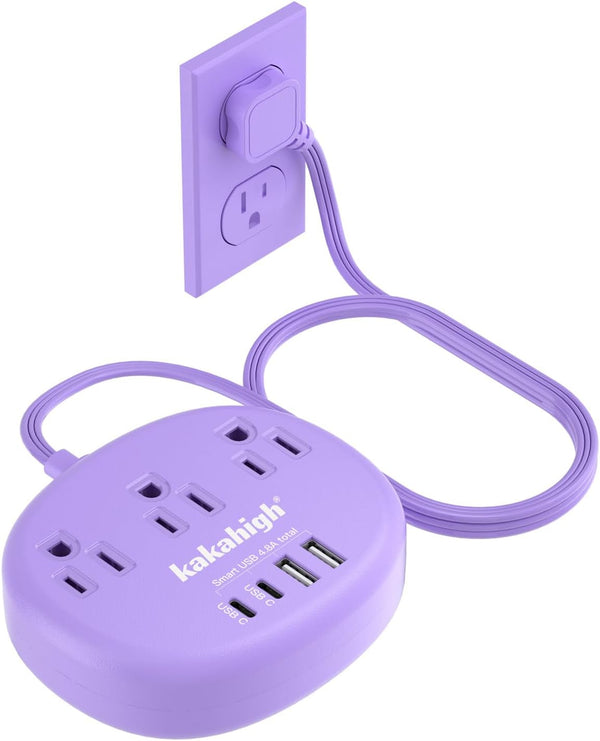 Purple Extension Cord with Surge Protected 1080J - 5 FT Flat Extension Cord, 1625W Cute Extension Cord with 3 AC Outlet 4 USB (24W/4.8A), Compact for Cute Purple Kawaii Lavender Accessories
