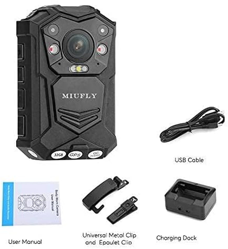 MIUFLY 1296P HD Police Body Camera with 2 Inch Display, Night Vision, Built in 32G Memory and GPS for Security