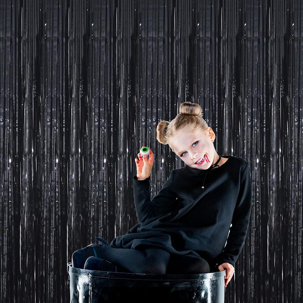 GOER 3.2 Ft X 9.8 Ft Black Photo Backdrop Party Streamers for Halloween,Birthday Party,1 Pack Black Metallic Tinsel Foil Fringe Curtains Party Decorations Wedding Decor