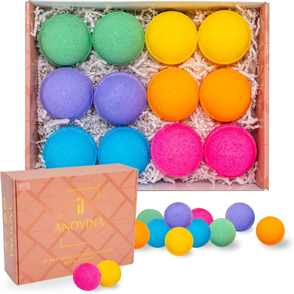 Anovina 12XL Bath Bombs Gift Set USA Made with Natural Essential Oils for Women & Kids â€“ Aromatherapy Holiday Gifts Ideas. Mothers Day Gift Idea. Bath Bombs Gifts for Women Men and Kids