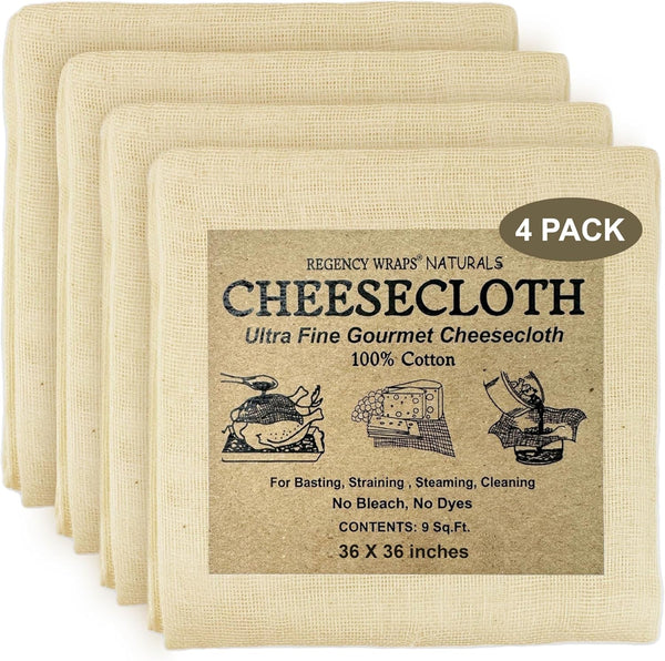Regency Wraps 100% Cotton Ultra Fine Natural Cheese Cloth, 36 Sq.Ft 36" X36" 4 Pcs, Chef Grade for Basting Turkey, Canning, Straining, Cheesemaking
