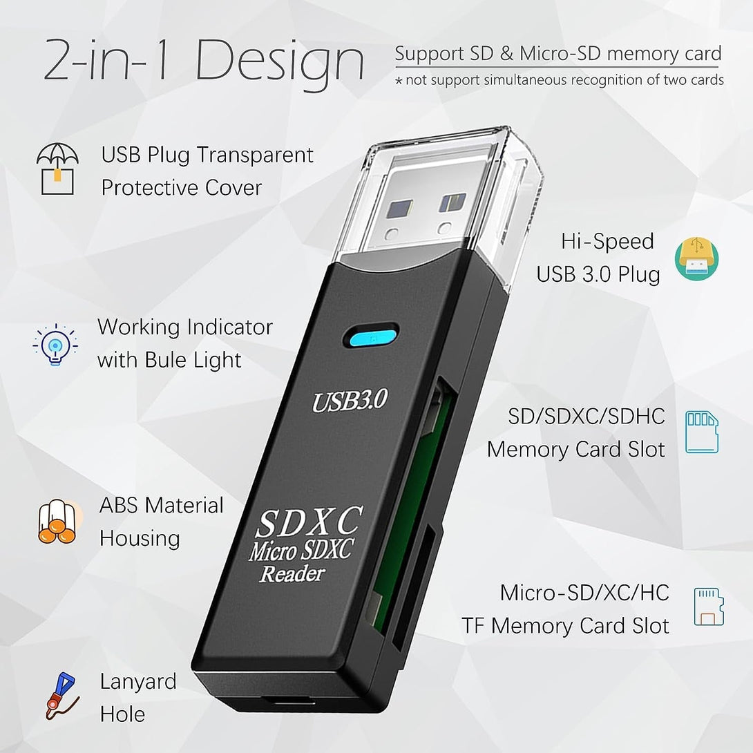 USB3.0 Micro SD Card Reader, 5Gbps 2-In-1 SD Card Reader to USB Adapter, Wansurs Memory Card Reader for SDXC, SDHC, MMC, RS-MMC, Micro SDXC, Micro SD, Micro SDHC and UHS-I Cards (1Pack Black)