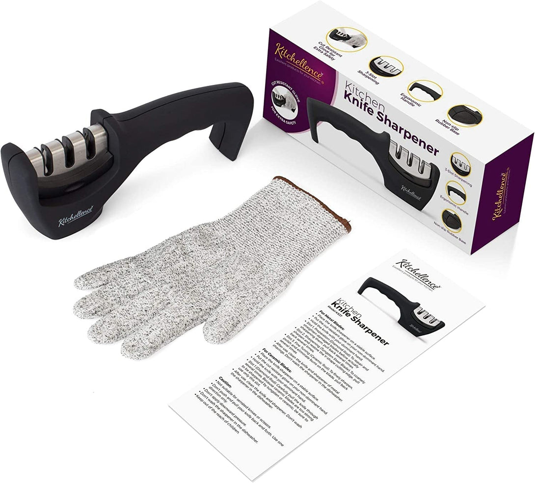 4-In-1 Kitchen Knife Accessories: 3-Stage Knife Sharpener Helps Repair, Restore, Polish Blades and Cut-Resistant Glove (Black)