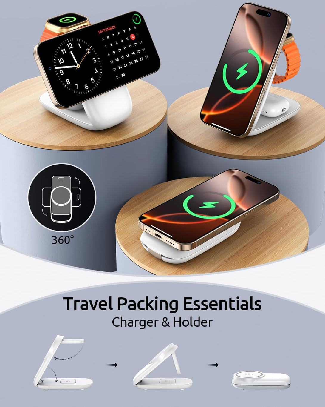 3 in 1 Magnetic Wireless Mag-Safe Charger Stand,Foldable Wireless Charging Station for Iphone 16/15/14/13/12 Series/Apple Watch/Airpods, Travel Charger for Wireless-Charging Smartphones