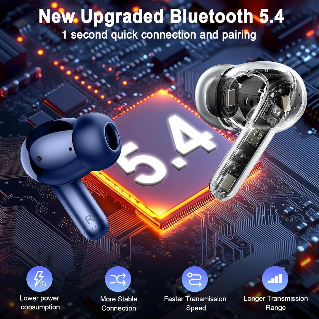 Wireless Earbuds Bluetooth 5.4 Headphones, 2025 Hi-Fi Stereo Bass Ear Buds, 4 ENC Noise Cancelling Mic 36Hrs USB-C In-Ear Earphones IP7 Waterproof Sport Workout for Laptop Pad Android Ios Phone, Blue