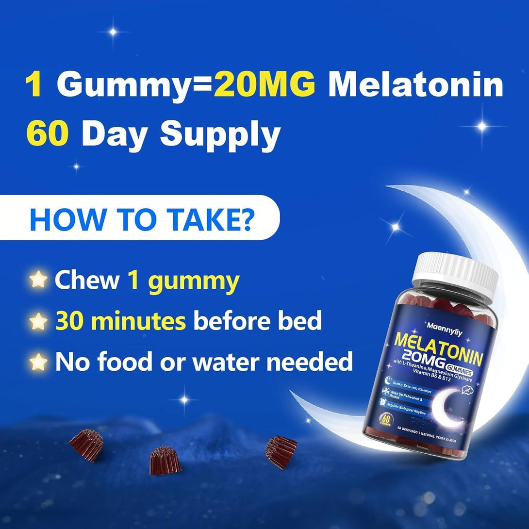Melatonin 20Mg Gummies for Adults - Sugar Free Melatonin Gummies Extra Strength with L-Theanine, Magnesium, Ashwagandha, Turmeric, D3 & Zinc - Non-Habit Forming