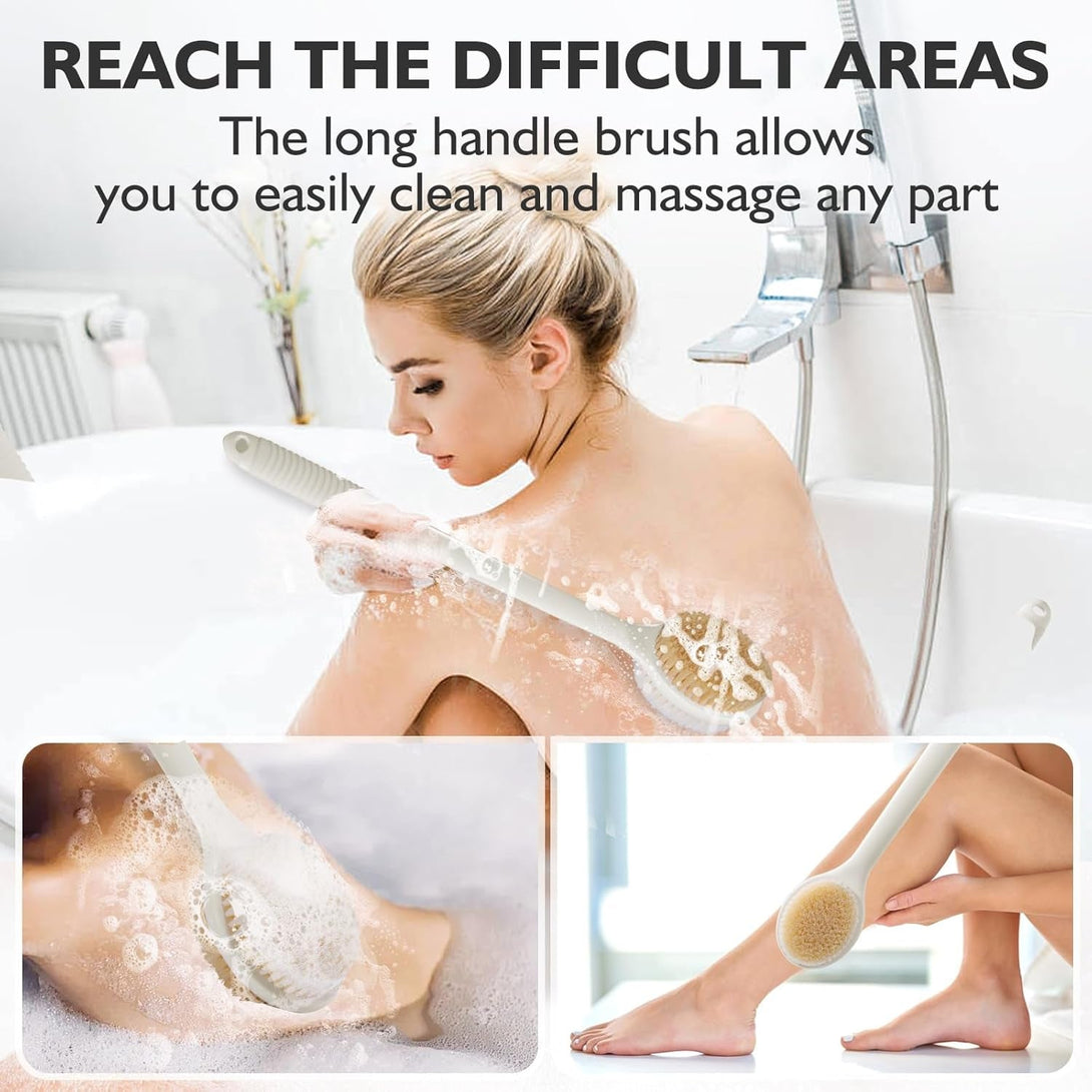VANZAVANZU 17 Inch Back Scrubber for Shower, Anti-Slip Long Handle Shower Brush with Soft and Stiff Bristles, Exfoliating Bath Brush for Wet or Dry Brushing (Cream White)
