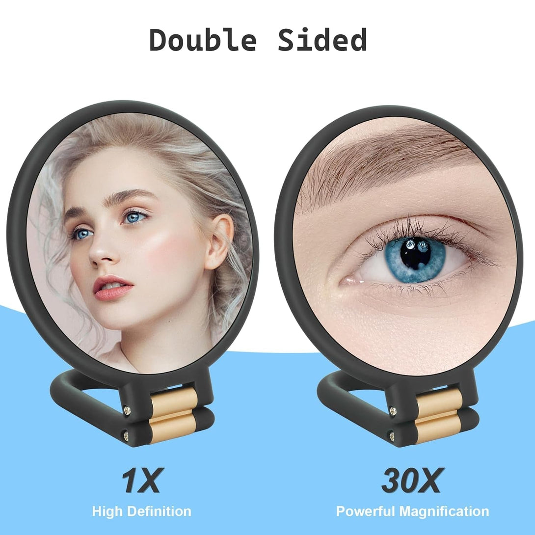 30X Magnifying Mirror, Travel Hand Mirrors with Handle - Double Side Handheld Mirror with 1X 30X Magnification & Adjustable Handle/Stand, Hand Held Foldable Travel Mirror for Makeup(Black)