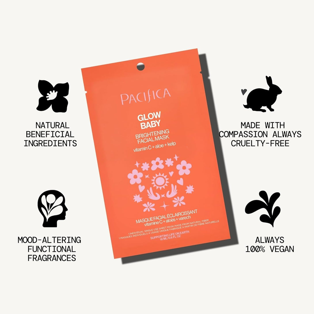 Pacifica Sheet Face Mask - Glow Baby Brightening Facial Mask W/Vitamin C, Aloe & Kelp – Cooling Mask for Dark Spots & Fine Lines - Clean Beauty Vegan & Cruelty-Free Dermatologist Tested