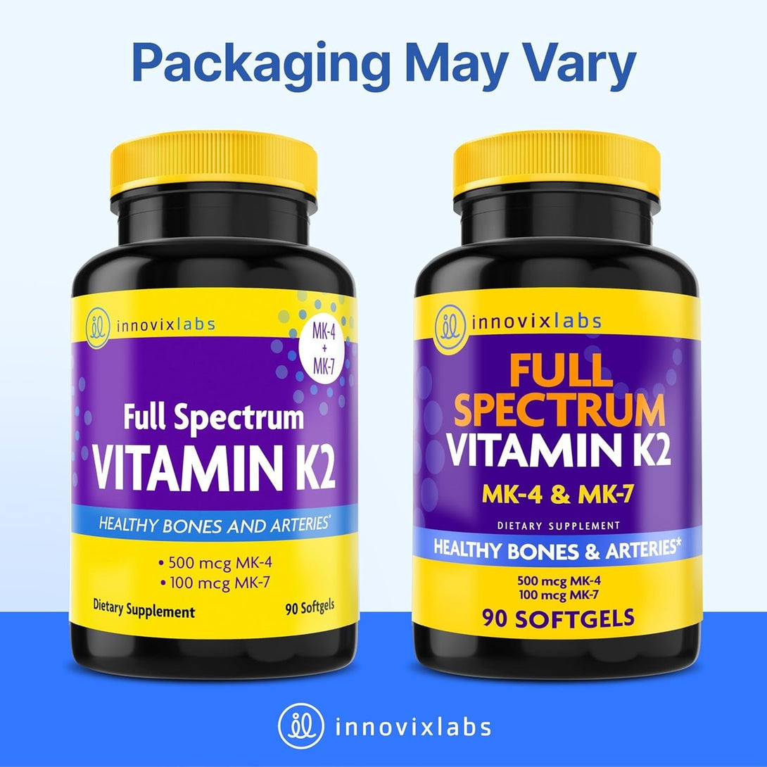 Innovixlabs Full Spectrum Vitamin K2-90 Softgels with 600 Mcg of Trans Form MK7 and MK4 - Supports General Health and Bone Strength - Soy and Gluten Free K2 Vitamin Supplement