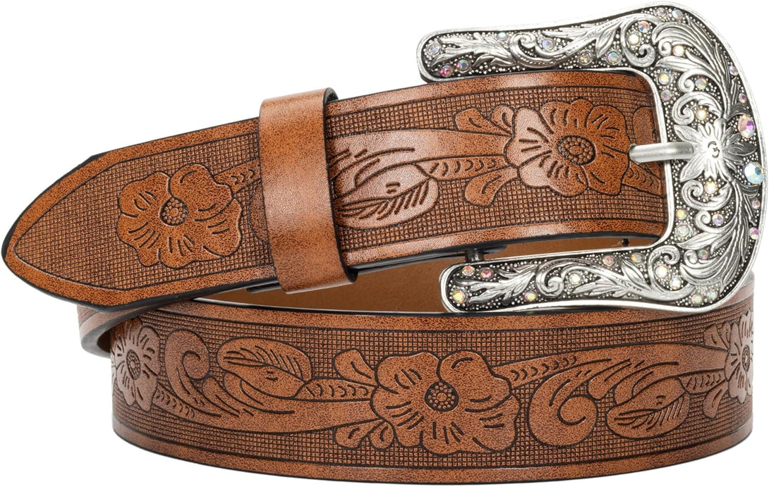 Western-Leather-Belts for Women Turquoise-Oval-Buckle Embossed Cowgirl Belt for Jeans Pants (Fit for 28-38" Waist)