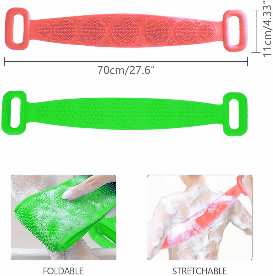 Back Scrubber for Shower,2 Pcs Silicone Back Scrubber for Shower, Silicone Exfoliating Bath Body Brush with Handle for Mens and Womens (Pink/Green)