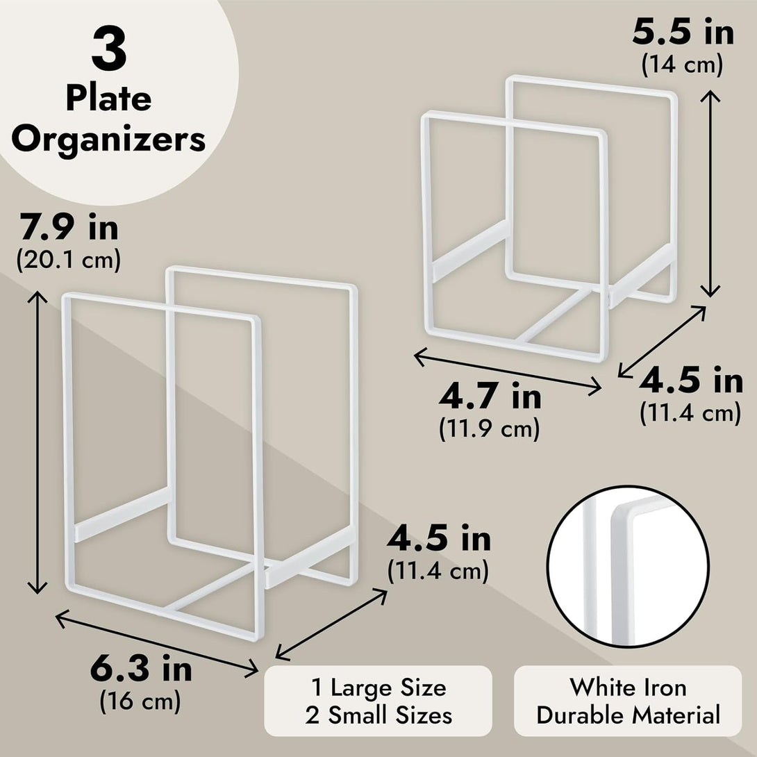 Juvale 3 Piece Plate Organizer for Kitchen Cabinet, Shelf, 2 Sizes for Pots, Pans, Cutting Boards (White) - Plate Rack