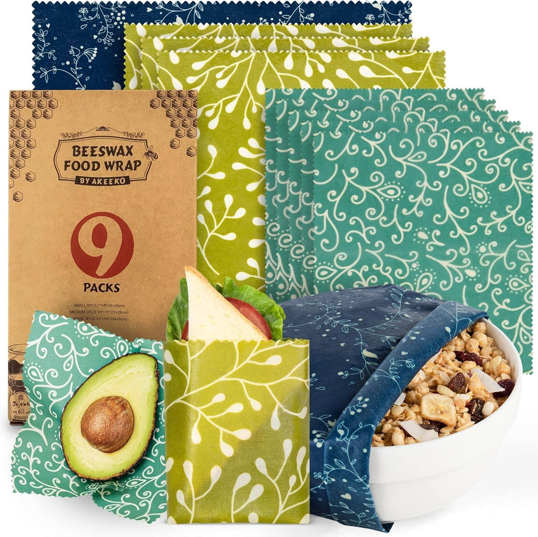 Akeeko Reusable Beeswax Food Wraps - Assorted 9 Packs, Reusable, Plastic-Free Food Storage, 5 Small, 3 Medium, 1 Large Wraps with Abstract Curves Pattern