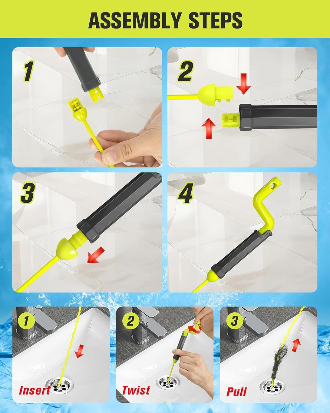 35Inch Drain Clog Remover Tool, Drain Snake Hair Remover with Rotating Handle, Hair Catcher Drain Auger Cleaner Tool & Plumbing Snake, Hair Cleaning Tool Can Use on Most Drains, Sink Snake(6Pcs)