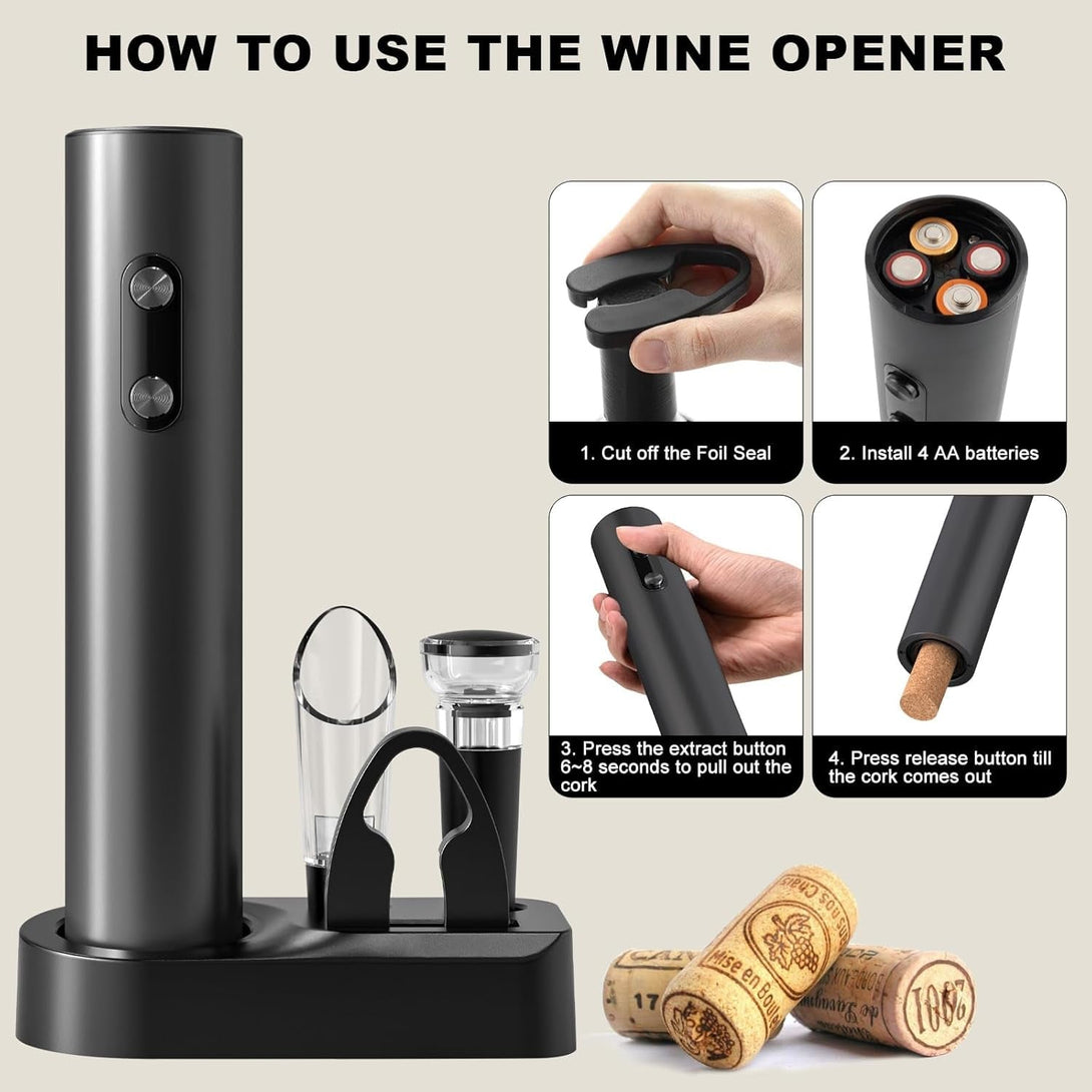 COKUNST Electric Wine Opener Set, Battery Operated Automatic Corkscrews Wine Bottles Opener with Foil Cutter, Wine Pourer, Vacuum Stopper, Reusable Wine Remover for Wine Lover Gift Home Kitchen Party