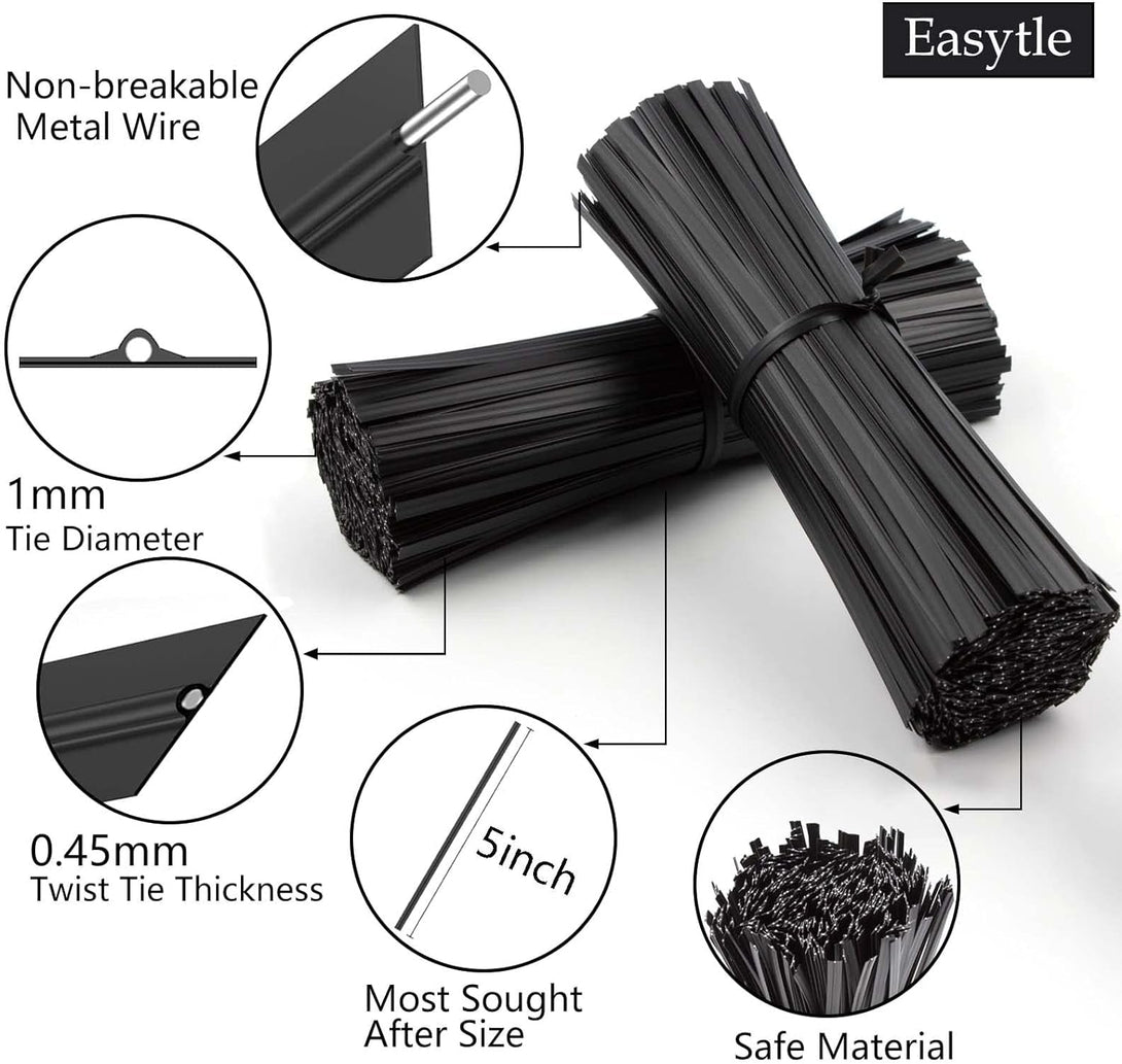 400 Pcs Twist Ties for Bags 5" Cable Ties Bag Twist Ties for Cord Twist Bread Ties Reusable Black Plastic Coated Ties Heavy Duty Bread Ties Twist Wire Ties for Household and Office Use