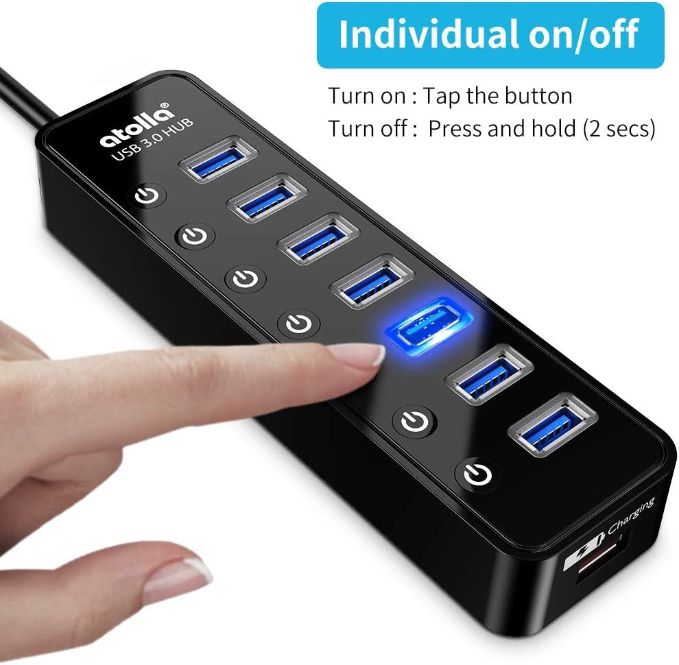 Powered USB Hub 3.0, Atolla 7-Port USB Data Hub Splitter with One Smart Charging Port and Individual On/Off Switches and 5V/4A Power Adapter USB Extension for Macbook, Mac Pro/Mini and More.