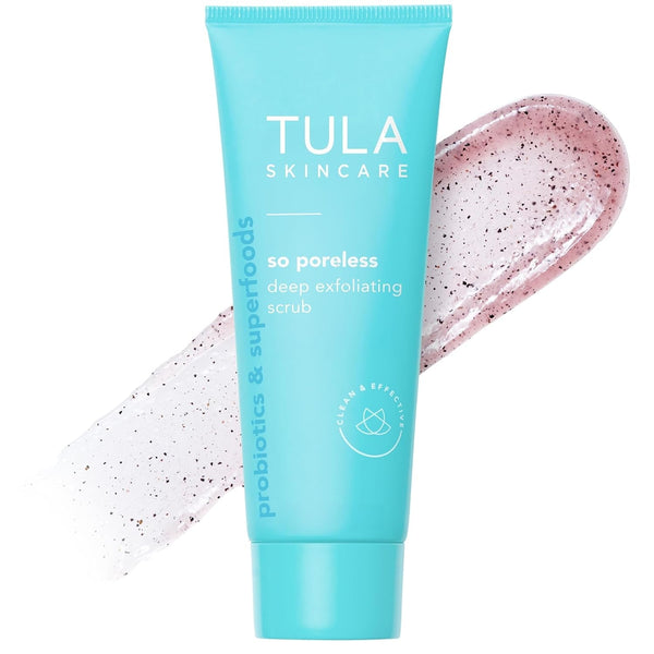 TULA Skin Care so Poreless Exfoliating Blackhead Scrub - Powerful and Gentle Exfoliation, Refreshing and Smoothing, Contains Probiotic Extracts, Volcanic Sand, Pink Salt, and Witch Hazel, 2.89 Oz.