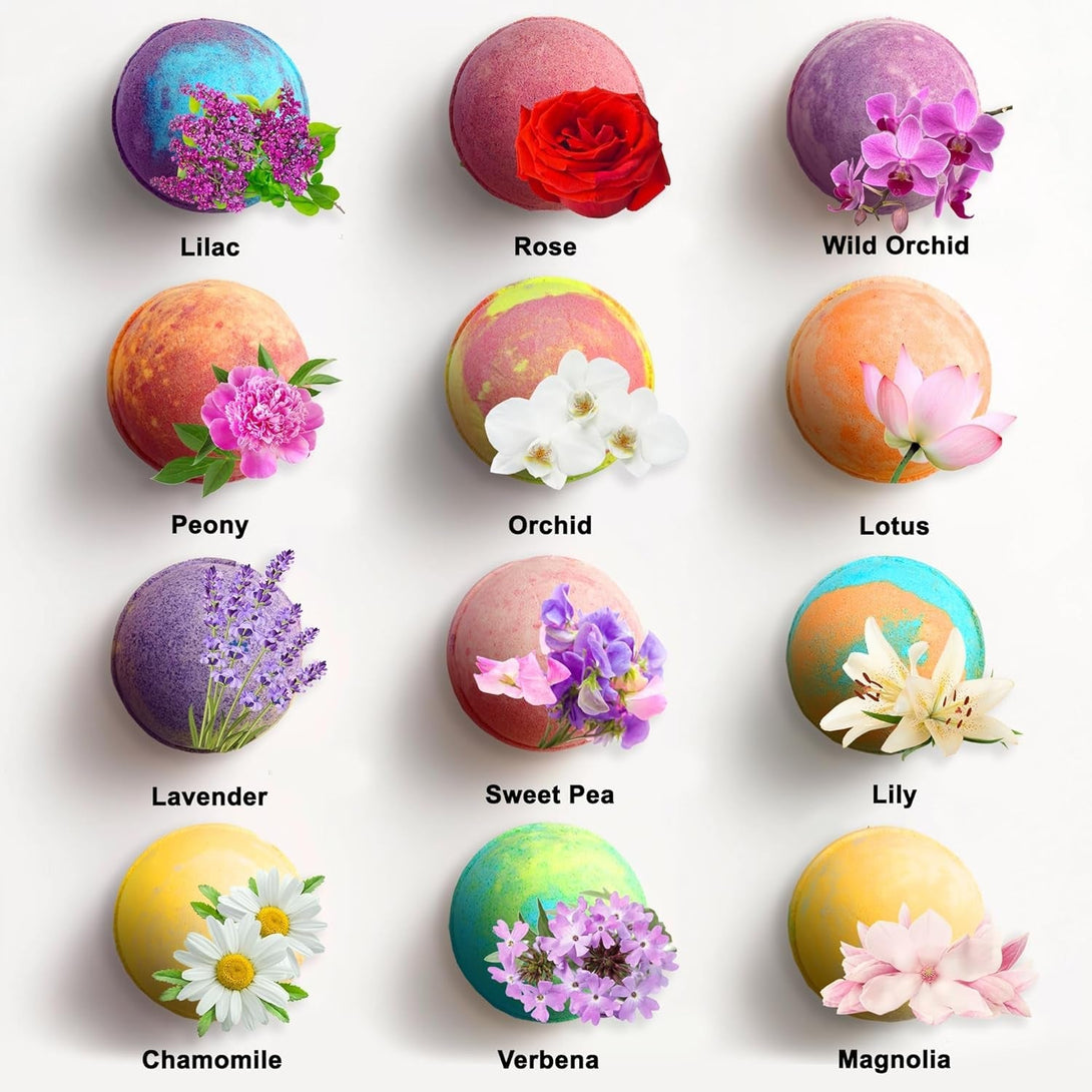 Flower Bath Bombs Gift Set - 12 Large Natural Bathbombs for Women with Scented Essential Oils and Moisturizing Shea Butter + Organic Coconut Oil for Fizzy Bubbles