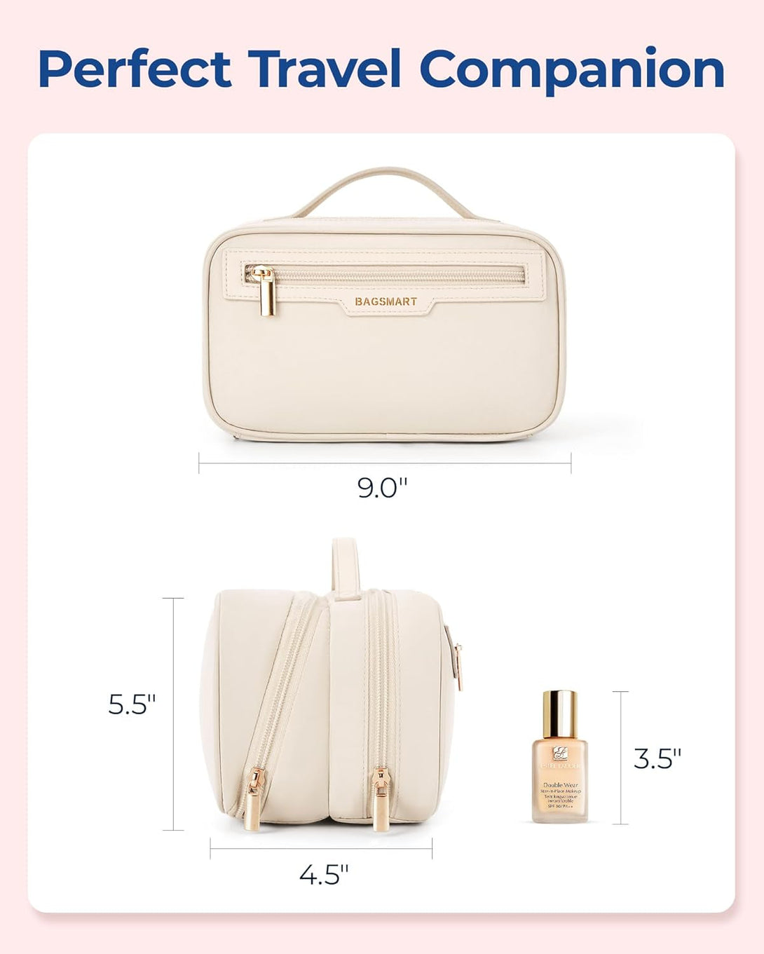 BAGSMART Travel Makeup Bag, Make up Bag with Multiple Compartments for Organizer, Durable & Compact Cosmetic Organizer for Women for Travel Accessories (Beige)