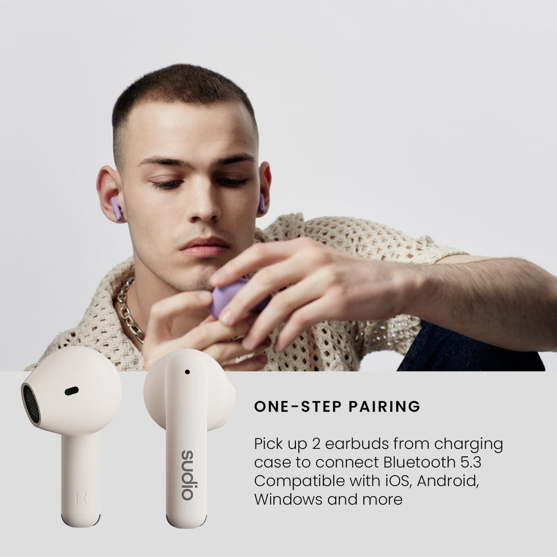 Sudio A1 True Wireless Earbuds, Bluetooth 5.3 Connection, Noise Cancelling, Waterproof, Touch Control, Charging Case, Premium Sound Quality, Comfortable Fit – White